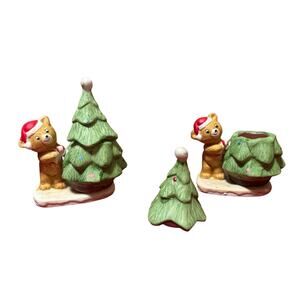 Vintage Ceramic Teddy Bear Christmas Tree Candle. Set of 2.